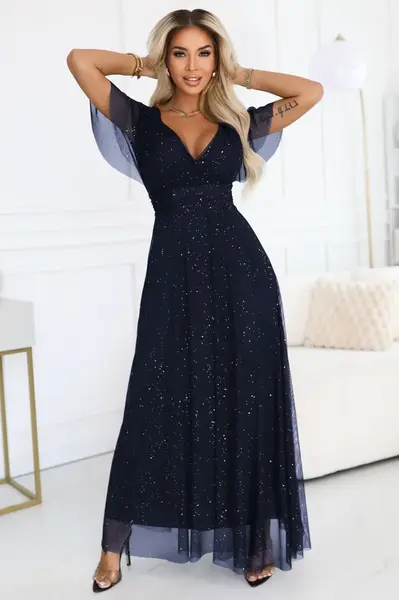 635-3 MELANIA long, shiny dress with a neckline and short sleeves - navy blue