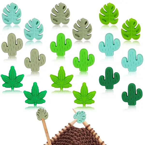 18Pcs 9 Styles Cactus & Leaf Food Grade Eco-Friendly Silicone Beads