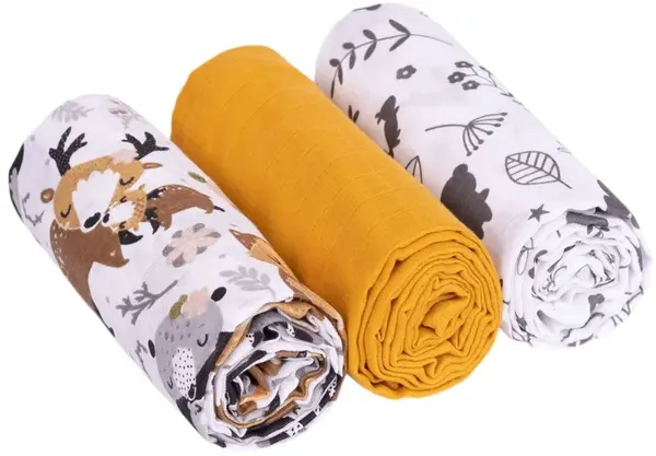 Mušelínové plienky 3ks Lux - Lesné Zvieratká, 70 x 80 cm, horčicová