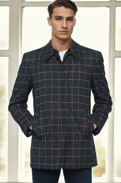 PLT9206 DEWBERRY MEN'S COAT-PATTERNED NAVY BLUE