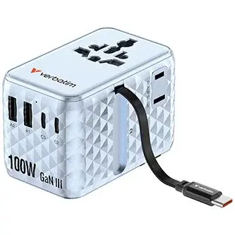 Verbatim 30192, Cestovní adaptér univerzální Charge ,n, Travel 2x USB-C, 2X USB-A + 1x integrovaný kabel USB-C, modrá, 100 W