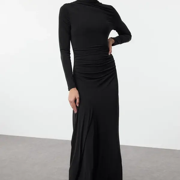 Trendyol Black Fitted Stand Collar Long Sleeve Flexible Maxi Knit Dress
