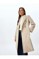 Koton Double Breasted Long Cashmere Coat with Hidden Pockets