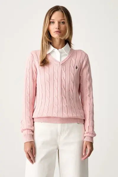 U.S. Polo Assn. svetr dámský bavlněný V-NECK CABLE