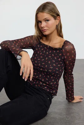 Trendyol Black Cherry Printed and Bow Detailed Square Neck Knitted Blouse