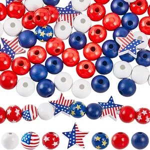 132Pcs 7 Style Independence Day Theme Printed Natural Wooden Beads Sets