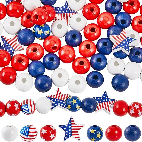 132Pcs 7 Style Independence Day Theme Printed Natural Wooden Beads Sets