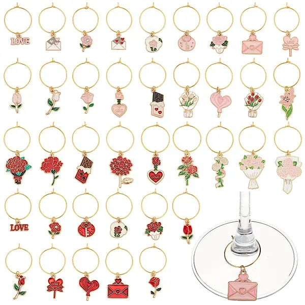 38Pcs 38 Styles Valentine's Day Brass Wine Glass Charms
