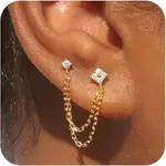 Brass Clear Cubic Zirconia Flower Tassel Stud Earrings