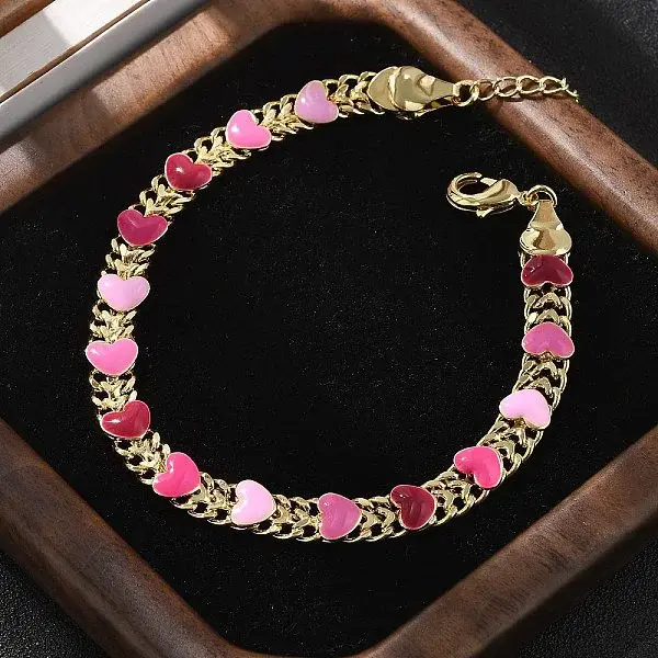 Heart Brass Enamel Link Chain Bracelets for Women
