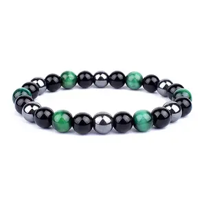 Dyed Natural Tiger Eye & Obsidian Round Beaded Stretch Bracelet