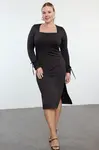 Trendyol Curve Black Premium Square Neck Slit Knitted Plus Size Dress