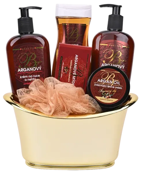 VIVACO Dárkové balení argan sprchový olej + tělový balzám + krém na ruce + tělové máslo + tuhé mýdlo + dárek