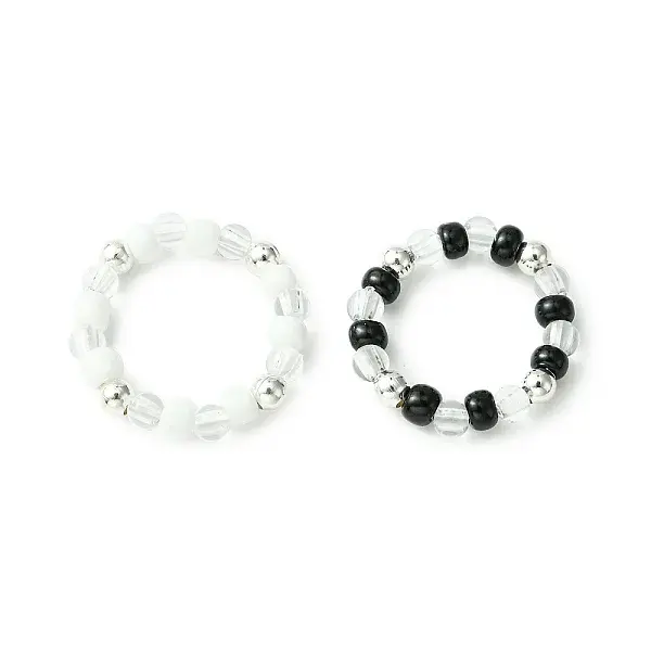 2Pcs 2 Color Acrylic & Glass Seed Beaded Stretch Rings Set for Women