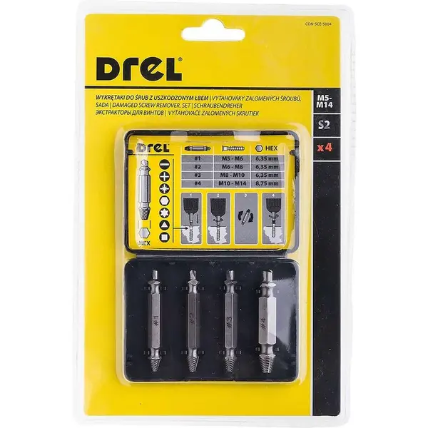 Vyťahovače zalomených skrutiek 4 ks, Drel
