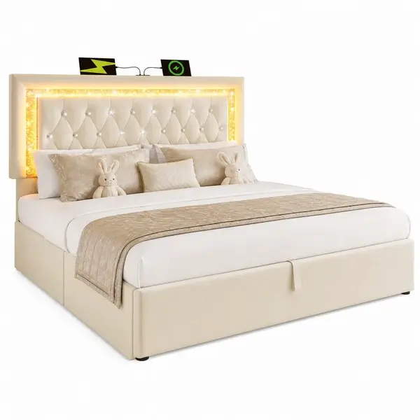 STILVORA ČALOUNĚNÁ POSTEL 160/200 cm béžová sametová, úložný prostor, LED, USB, Type-C