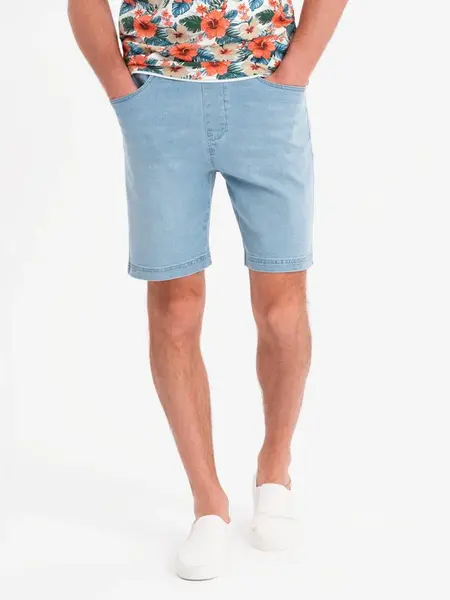 Ombre Men's shorts with elastic waistband and wash effect - light blue