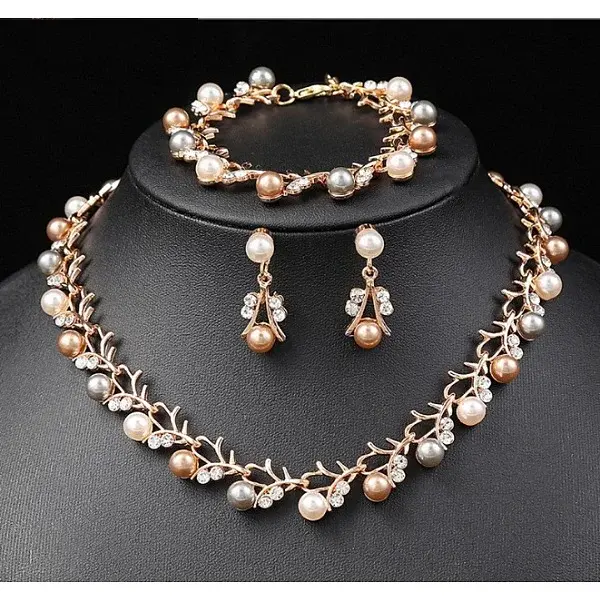 Alloy Crystal Rhinestone & Plastic Pearl Leaf Link Chain Necklaces & Bracelets & Stud Dangle Earrings Sets