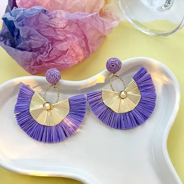 Bohemian Style Fan Alloy Raffia Dangle Stud Earrings