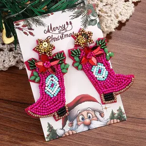 Christmas Plastic Seed Beads & Cloth Dangle Stud Earrings