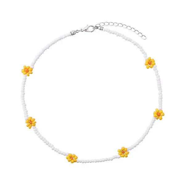 Bohemian Daisy Flower Glass Seed Beaded Necklaces with Alloy End Chains