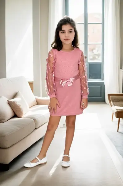 28185 Dewberry Waist Tied Tulle Detailed Girls Dress-PINK