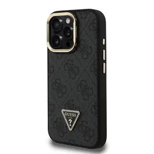 Guess PU 4G Strass Triangle Logo Stand Camera Frame MagSafe Zadní Kryt pro iPhone 15 Pro Max Black