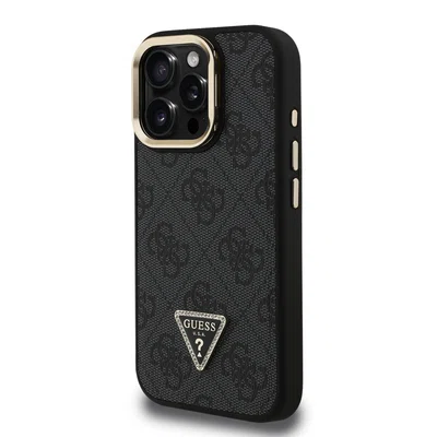 Guess PU 4G Strass Triangle Logo Stand Camera Frame MagSafe Zadní Kryt pro iPhone 15 Pro Max Black
