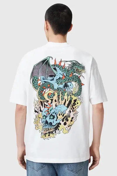 Bavlněné tričko AllSaints WRITHER bílá barva, s potiskem, M020PC