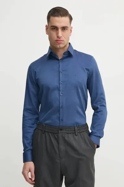 Košile Calvin Klein pánská, tmavomodrá barva, slim, s italským límcem, K10K114316