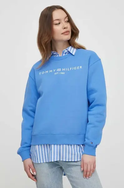 Mikina Tommy Hilfiger dámská, modrá barva, s potiskem, WW0WW39791