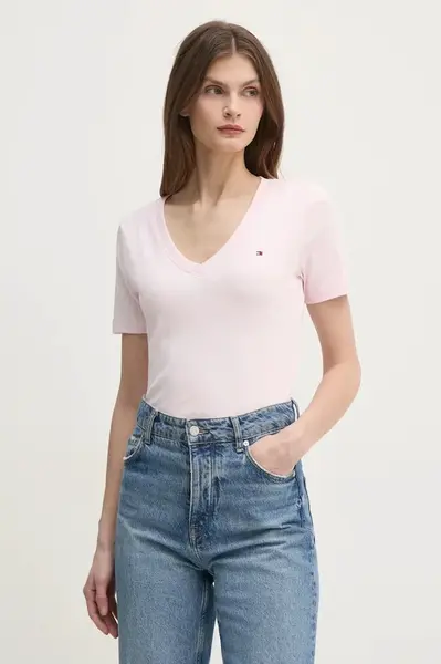 Bavlněné tričko Tommy Hilfiger dámské, růžová barva, WW0WW40584