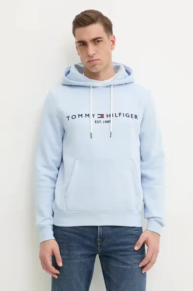 Mikina Tommy Hilfiger pánská, modrá barva, s kapucí, s aplikací