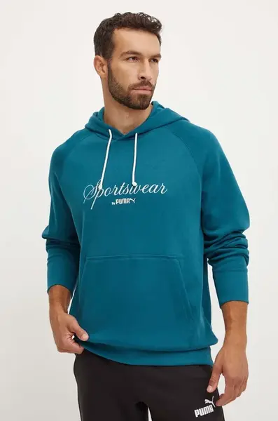 Bavlněná mikina Puma pánská, tyrkysová barva, s kapucí, s potiskem, 626722