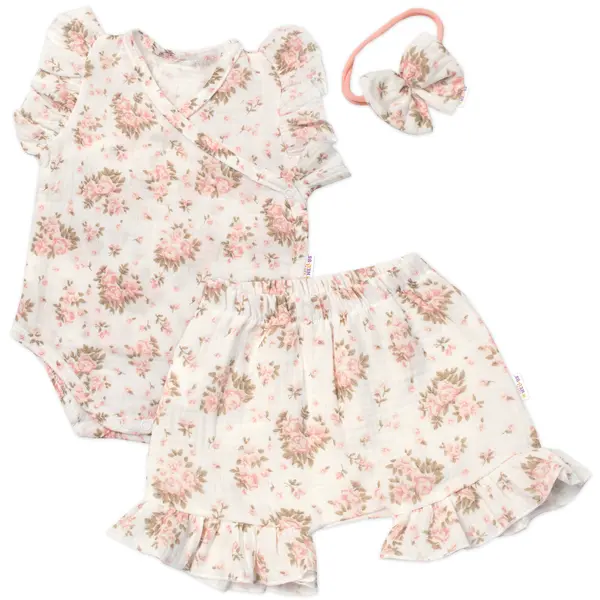 Baby Nellys Zavinovací body, kraťasky + čelenka, mušelín, Pivoňky vel.  80
