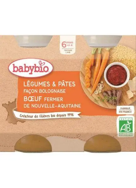 BABYBIO menu zelenina s cestovinami na bolonský spôsob s farmárskym hovädzím mäsom 2 x 200 g