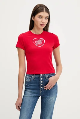 Bavlněné tričko Tommy Jeans dámské, červená barva, DW0DW21390
