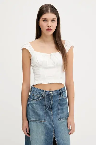 Bavlněná halenka Tommy Jeans dámská, bílá barva, hladká, DW0DW20985