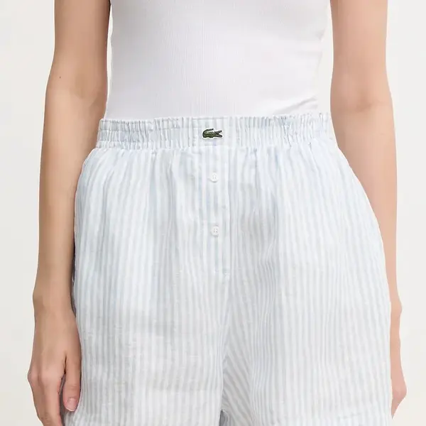 Lněné kraťasy Lacoste dámské, modrá barva, high waist, FF0226