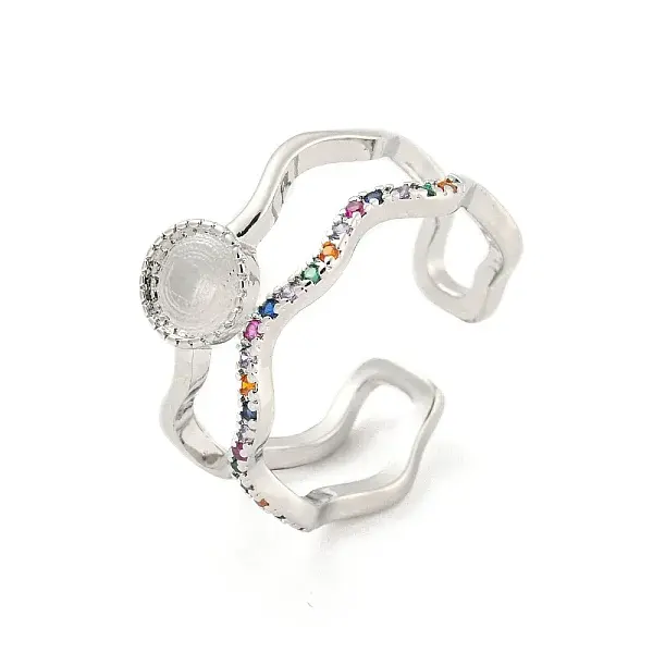 Flat Round Brass Micro Pave Colourful Cubic Zirconia Open Cuff Rings