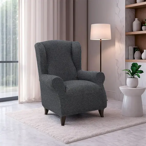 Super strečové potahy RUBINIA antracitová křeslo ušák (š. 70 - 95 cm)