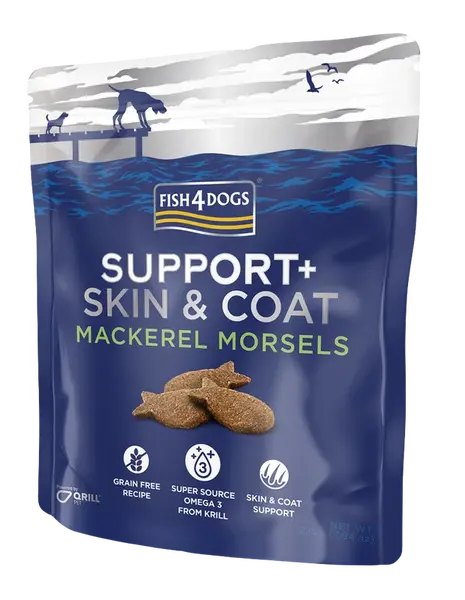 FISH4DOGS Pamlsky pre psov na podporu kože a srsti s kúskami makrely 225 g