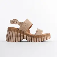 Capone Outfitters Genuine Leather Denim Double Strap Wedge Heel Women Sandals