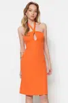 Trendyol Orange Woven Collar Detailed Midi Woven Dress