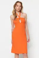 Trendyol Orange Woven Collar Detailed Midi Woven Dress