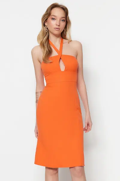 Trendyol Orange Woven Collar Detailed Midi Woven Dress