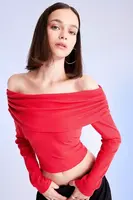 DEFACTO Fitted Bodycon Off Shoulder Ribbed Camisole Red Long Sleeve T-Shirt