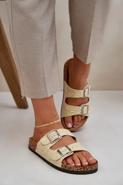 PE1 Materiálové šľapky na korkovej podrážke s prackami žlté Atera