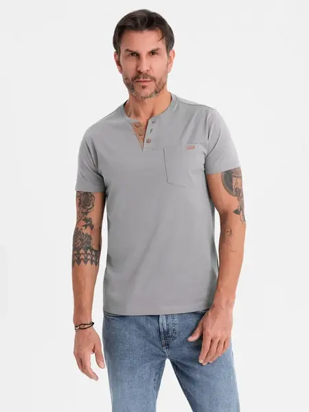 Ombre Men's t-shirt with button neckline and suede trim - grey