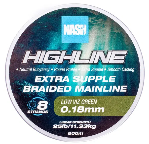 Nash splétaná šňůra highline extra supple braid green 600 m - 0,18 mm 11,3 kg